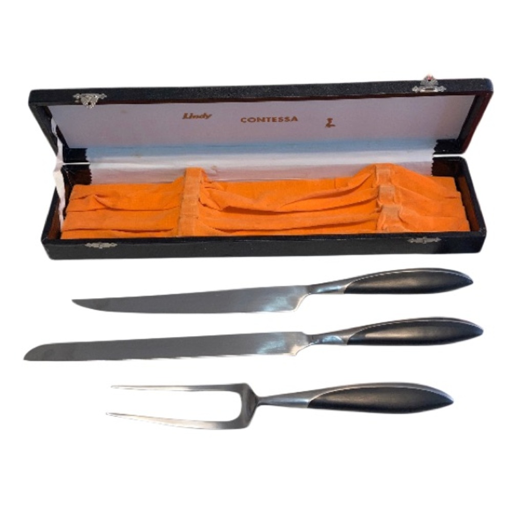 NOB VTG black bone inlay handles Lindy contessa JAPAN 3 piece carving set